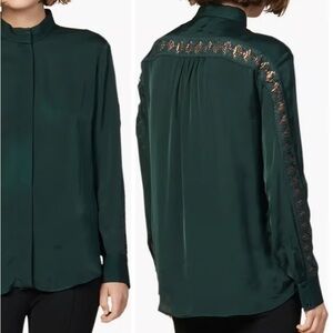 Sandro Green Button Down Shirt with Mandarin Collar satin